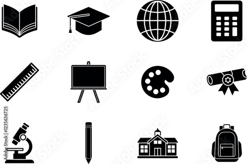 Education and Learning Icon Vector Set. Featuring Books, Graduation Cap, Chalkboard, Pencil, Ruler, Globe, Calculator, Backpack, Microscope, Paint Palette, Diploma, and School Building