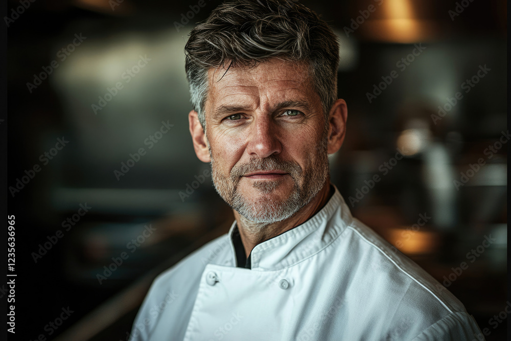 Obraz premium A confident male chef in a pristine white jacket, serious expression, conveys culinary expertise.