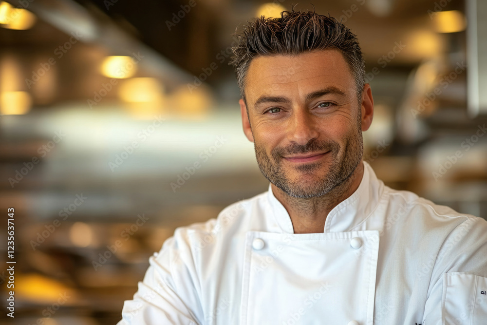 Fototapeta premium A male chef with a warm smile, standing in a professional kitchen.
