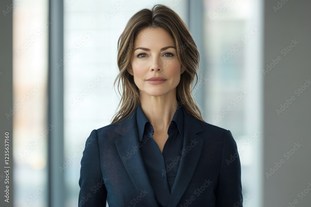 Portrait of a confident businesswoman in a dark blue suit, exuding professionalism and success. Portrait of a confident businesswoman in a dark blue suit, exuding professionalism and success.