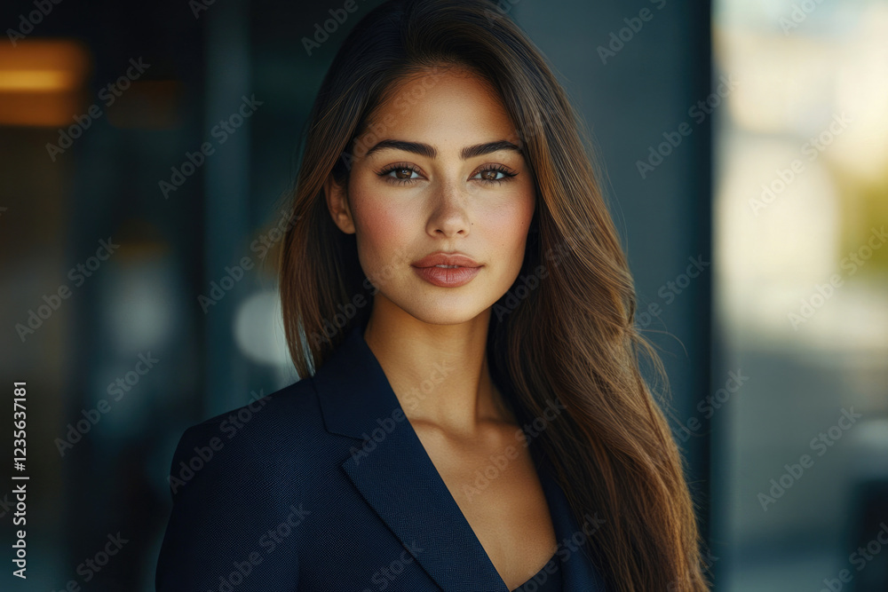A confident businesswoman with long brown hair, wearing a dark navy blue blazer, looks directly at the camera. A confident businesswoman with long brown hair, wearing a dark navy blue blazer, looks directly at the camera.