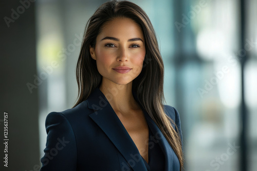 Confident businesswoman in a navy blue blazer, professional portrait.