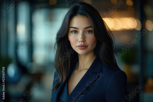 Wallpaper Mural A young woman with long dark hair, wearing a navy blue blazer, looks directly at the camera. Torontodigital.ca
