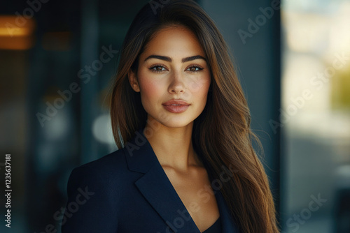Wallpaper Mural A confident businesswoman with long brown hair, wearing a dark navy blue blazer, looks directly at the camera. Torontodigital.ca
