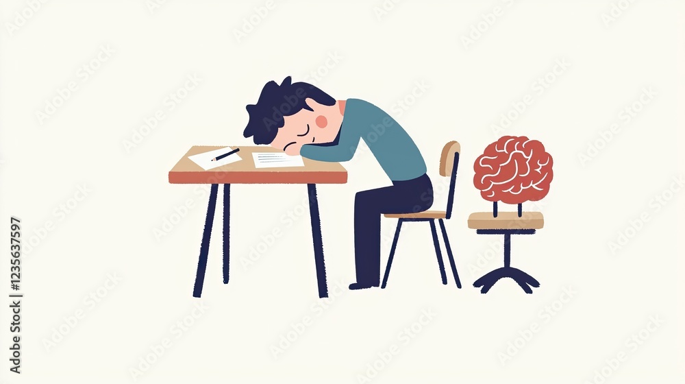 Fototapeta premium A cartoon depicting an adult sleeping at their desk, with one hand on the table and the other resting on their head. Next to them is a small brain lying under a chair. The background is simple .ai