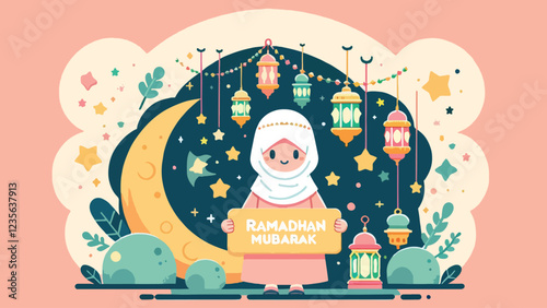 Ramadhan Mubarak Greeting, A character wearing traditional attire (e.g., a hijab and a kufi cap) holding a 'Ramadhan Mubarak' banner, surrounded by crescent moons, stars, and colorful lanterns