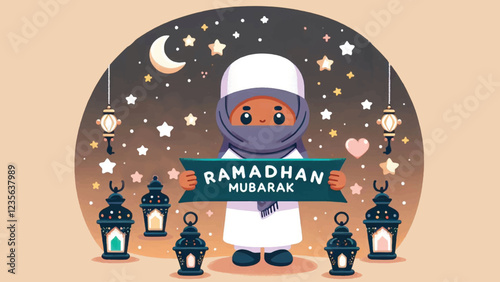 Ramadhan Mubarak Greeting, A character wearing traditional attire (e.g., a hijab and a kufi cap) holding a 'Ramadhan Mubarak' banner, surrounded by crescent moons, stars, and colorful lanterns