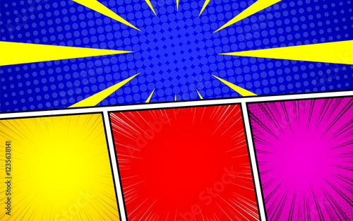 Anime pop art cartoon starburst background, explosion or sunburst effect, halftone gradient, fun and attractive comic template frame.