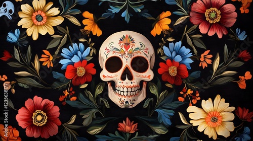 Floral Sugar Skull Day of the Dead Pattern - Day of the Dead/Dia de.