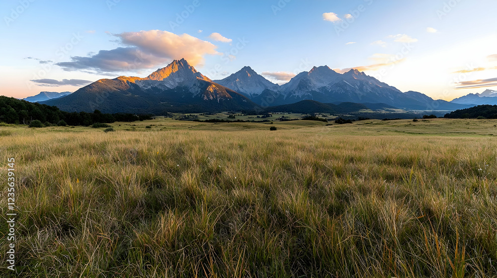Obraz premium Majestic mountain peaks rise above a vast golden grass meadow under a warm sunset sky.