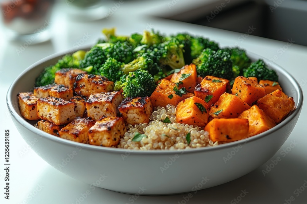 Healthy Bowl with Grilled Tofu, Sweet Potatoes, Broccoli, and Quinoa on a Kitchen Counter Healthy Bowl with Grilled Tofu, Sweet Potatoes, Broccoli, and Quinoa on a Kitchen Counter