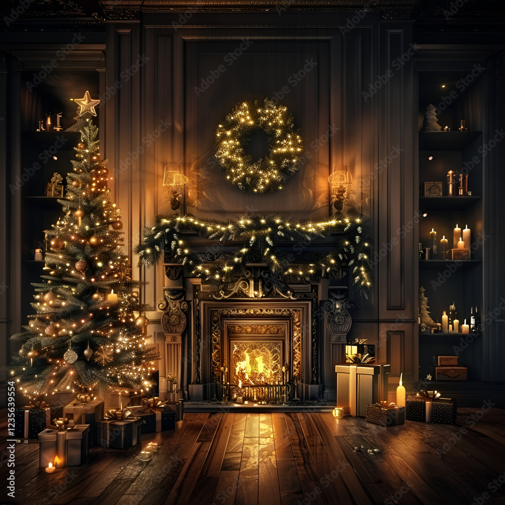 Obraz premium Chalet With Christmas Decoration. Living Room Interior With Christmas Tree, Ornaments, Gift Boxes, Armchair And Fireplace, Generative AI 