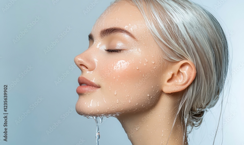 Naklejka premium Close up profile view of a young woman with platinum blonde hair, her face glistening with water droplets. Soft, natural light illuminates her serene
