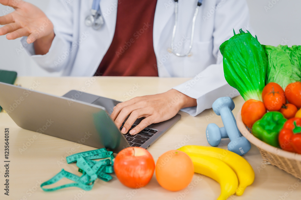 An Asian male nutritionist with a beard, wearing a lab coat, sits at a desk for an online consultation. His workspace includes fruits, vegetables, laptop, health supplements, promoting wellness. An Asian male nutritionist with a beard, wearing a lab coat, sits at a desk for an online consultation. His workspace includes fruits, vegetables, laptop, health supplements, promoting wellness.