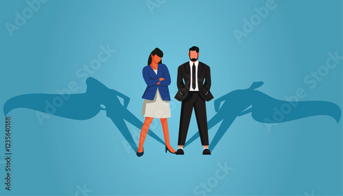 Business Couple standing with the shadow of superhero. African American Superhero Businessman Superhero Businesswoman.