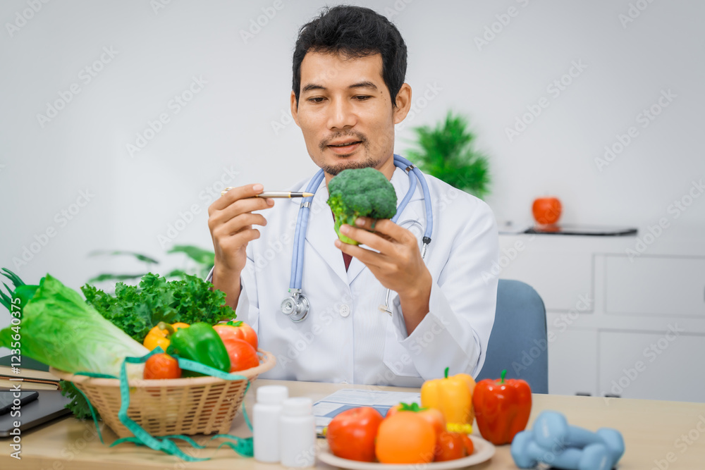 An Asian male nutritionist with a beard, wearing a lab coat, sits at a desk for an online consultation. His workspace includes fruits, vegetables, laptop, health supplements, promoting wellness. An Asian male nutritionist with a beard, wearing a lab coat, sits at a desk for an online consultation. His workspace includes fruits, vegetables, laptop, health supplements, promoting wellness.