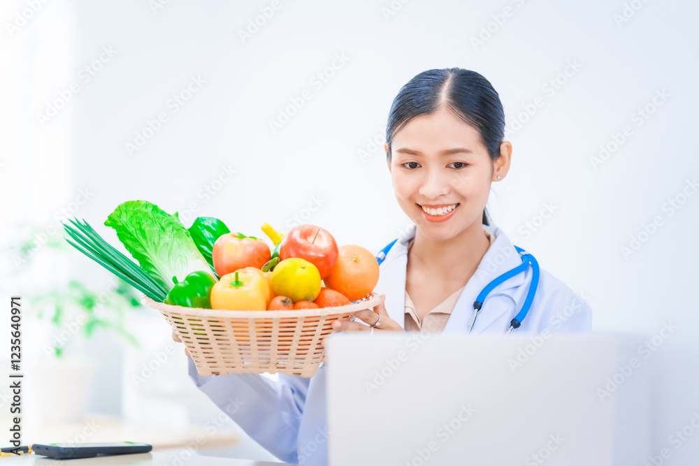 Female Asian nutritionist in lab coat working at desk, offering online consultations with happy smile. dietary nutrients, metabolism, hydration, weight management, meal planning for balanced health. Female Asian nutritionist in lab coat working at desk, offering online consultations with happy smile. dietary nutrients, metabolism, hydration, weight management, meal planning for balanced health.