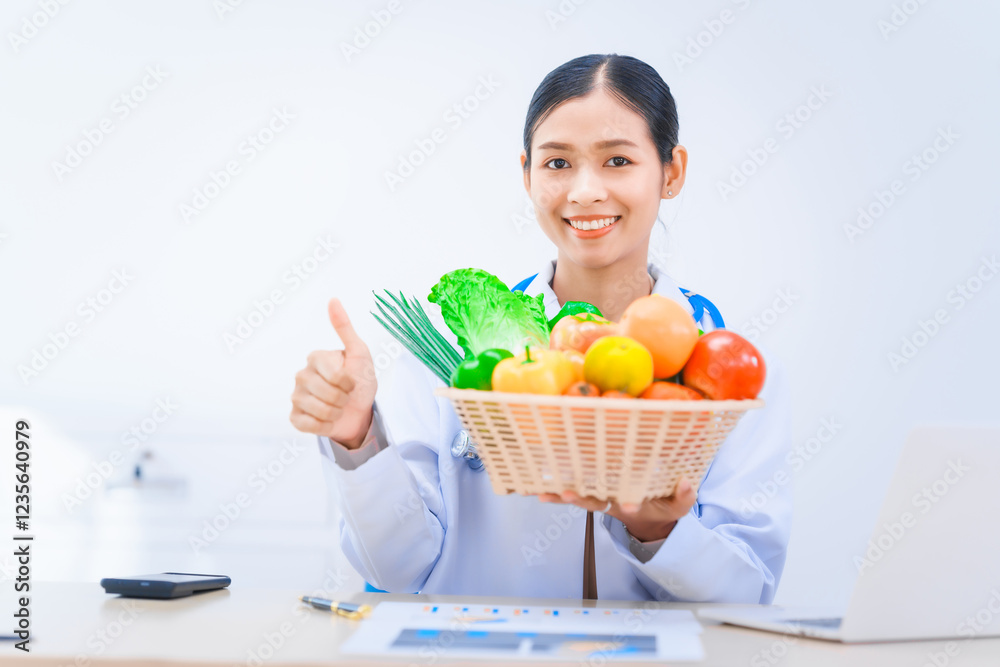 Female Asian nutritionist in lab coat working at desk, offering online consultations with happy smile. dietary nutrients, metabolism, hydration, weight management, meal planning for balanced health. Female Asian nutritionist in lab coat working at desk, offering online consultations with happy smile. dietary nutrients, metabolism, hydration, weight management, meal planning for balanced health.