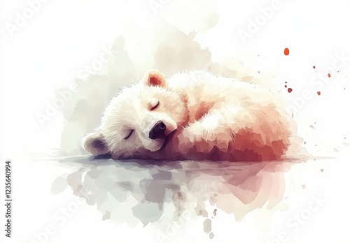 Adorable polar bear cub peacefully sleeping, depicted in a watercolor style painting. Soft, creamy colors dominate the image, with subtle hints of