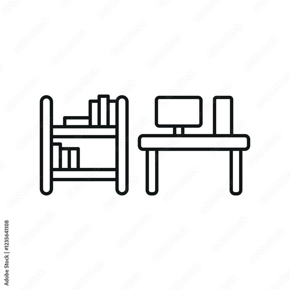 Desk and bookshelf set icon featuring a clean and professional style, ideal for education, library, and home office visuals. Desk and bookshelf set icon featuring a clean and professional style, ideal for education, library, and home office visuals.