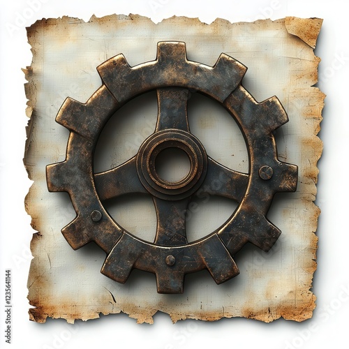 Rusty metal gear on vintage parchment background. photo