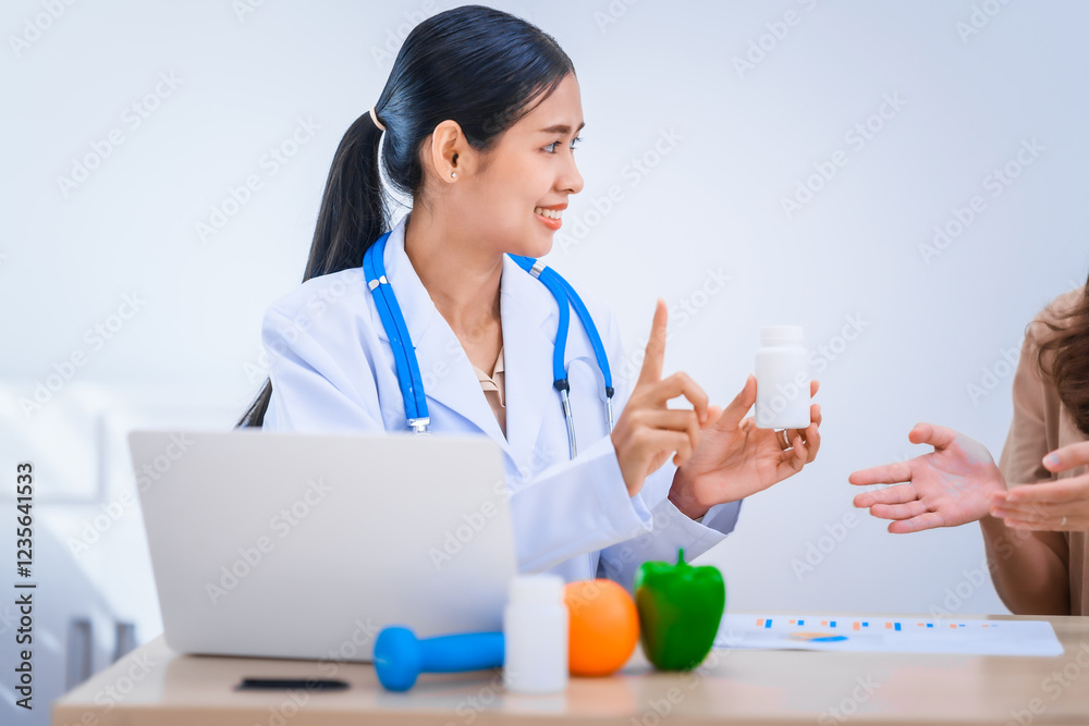 Female Asian nutritionist providing consultations for weight loss. reduce belly fat, offering advice on nutrients, metabolism, hydration, balanced diets to improve overall health and wellness. Female Asian nutritionist providing consultations for weight loss. reduce belly fat, offering advice on nutrients, metabolism, hydration, balanced diets to improve overall health and wellness.