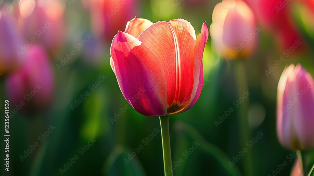 Fototapeta premium Beautiful Pink Tulip Blooms in a Colorful Flower Field at Sunrise