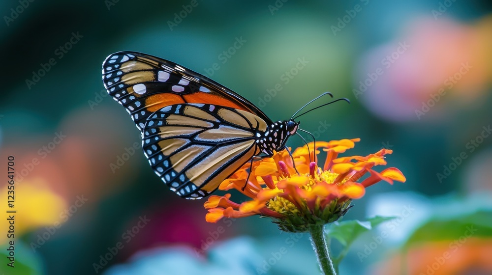 Obraz premium Vibrant Monarch Butterfly Resting on Bright Flower Petals in Nature