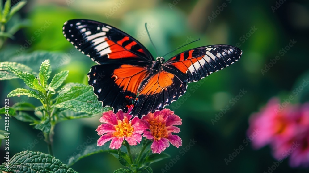 Fototapeta premium Vibrant Butterfly on Colorful Flower in Lush Green Environment