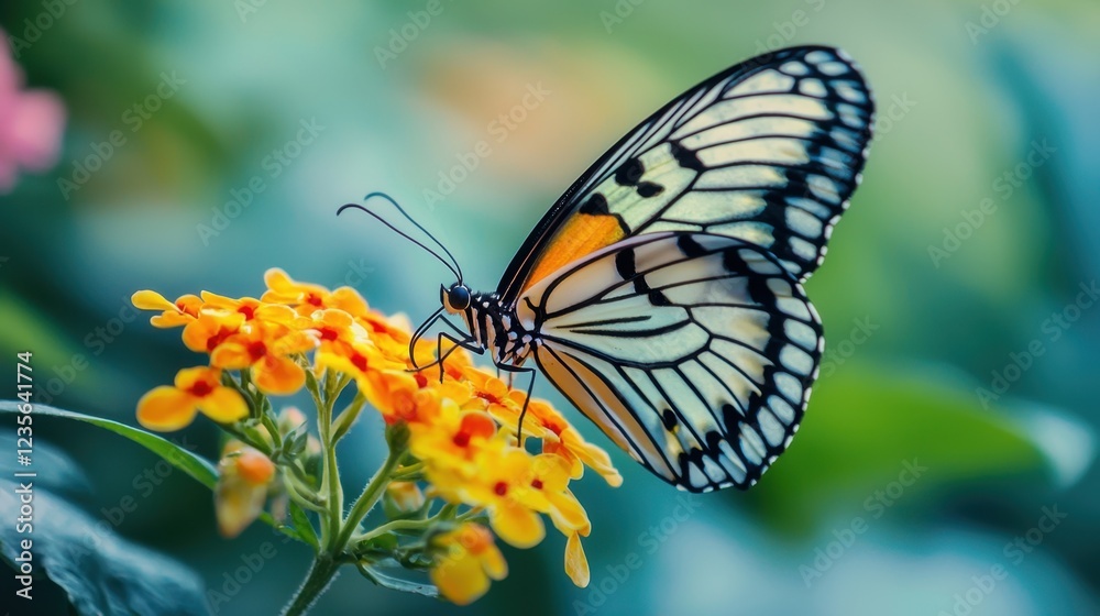 Fototapeta premium Butterfly on Bright Yellow Flower Against Soft Green Background