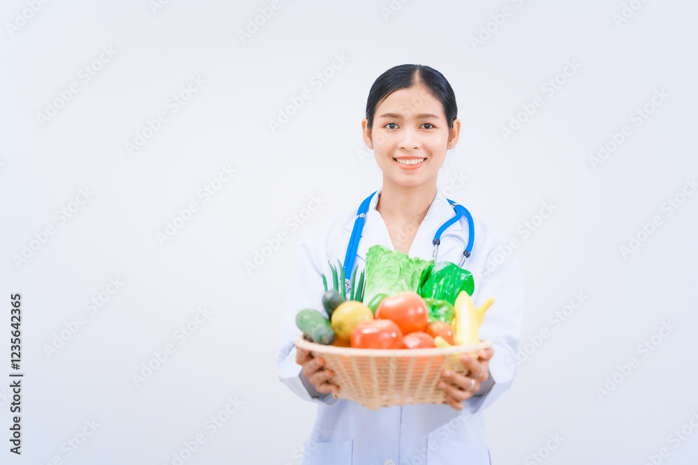 A young Asian woman nutritionist in a white lab coat, holding fruit and vegetable basket, smiling happily against white background. dietary nutrients, metabolism, and promoting health. A young Asian woman nutritionist in a white lab coat, holding fruit and vegetable basket, smiling happily against white background. dietary nutrients, metabolism, and promoting health.
