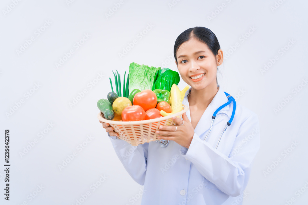 A young Asian woman nutritionist in a white lab coat, holding fruit and vegetable basket, smiling happily against white background. dietary nutrients, metabolism, and promoting health. A young Asian woman nutritionist in a white lab coat, holding fruit and vegetable basket, smiling happily against white background. dietary nutrients, metabolism, and promoting health.