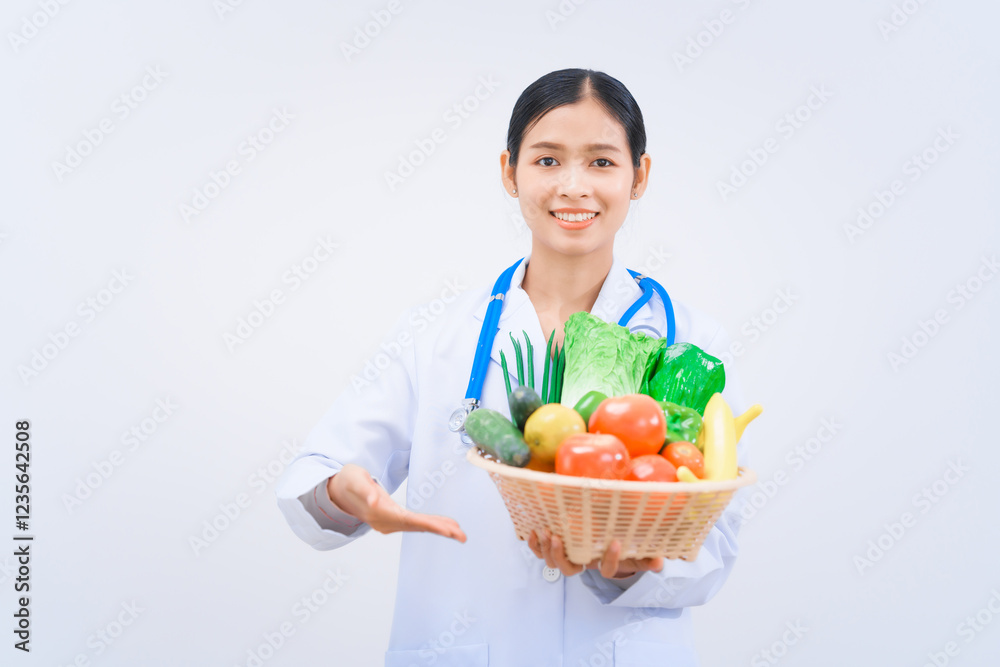 A young Asian woman nutritionist in a white lab coat, holding fruit and vegetable basket, smiling happily against white background. dietary nutrients, metabolism, and promoting health. A young Asian woman nutritionist in a white lab coat, holding fruit and vegetable basket, smiling happily against white background. dietary nutrients, metabolism, and promoting health.