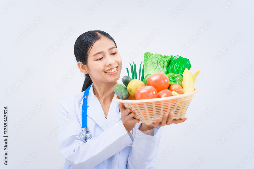 A young Asian woman nutritionist in a white lab coat, holding fruit and vegetable basket, smiling happily against white background. dietary nutrients, metabolism, and promoting health. A young Asian woman nutritionist in a white lab coat, holding fruit and vegetable basket, smiling happily against white background. dietary nutrients, metabolism, and promoting health.
