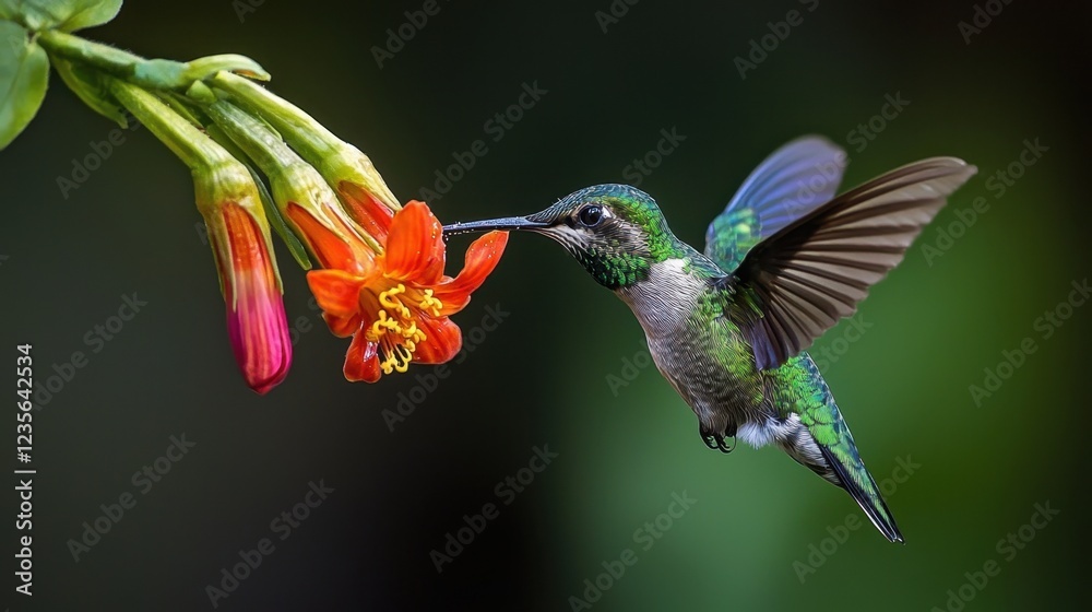 Fototapeta premium Vibrant Hummingbird Approaching Bright Red Tropical Flower