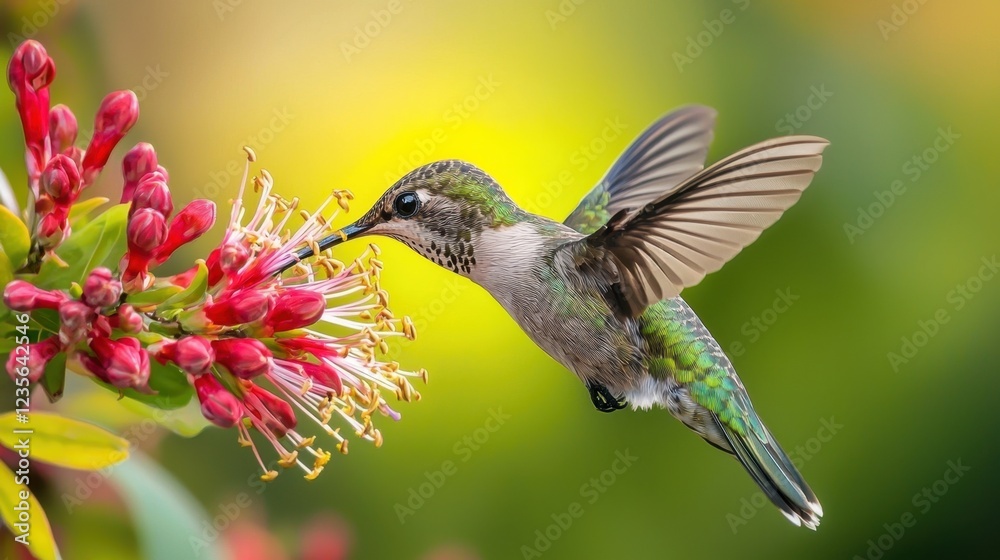 Fototapeta premium Hummingbird Feeding on Bright Pink Flower in Soft Natural Light