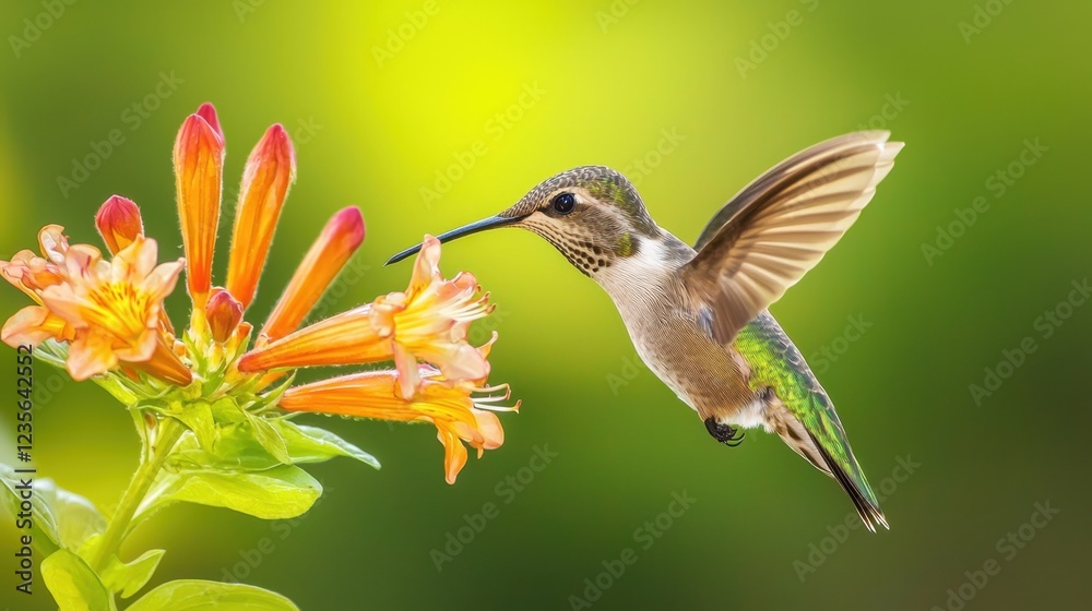 Fototapeta premium Colorful Hummingbird Feeding on Vibrant Floral Blossom in Nature