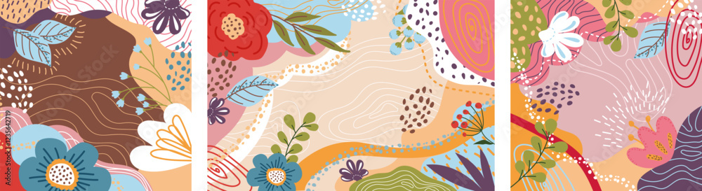 Fototapeta premium Set of unique fashionable colorful colorful backgrounds in neutral warm tones.Abstract floral pattern with flowers, leaves. 
