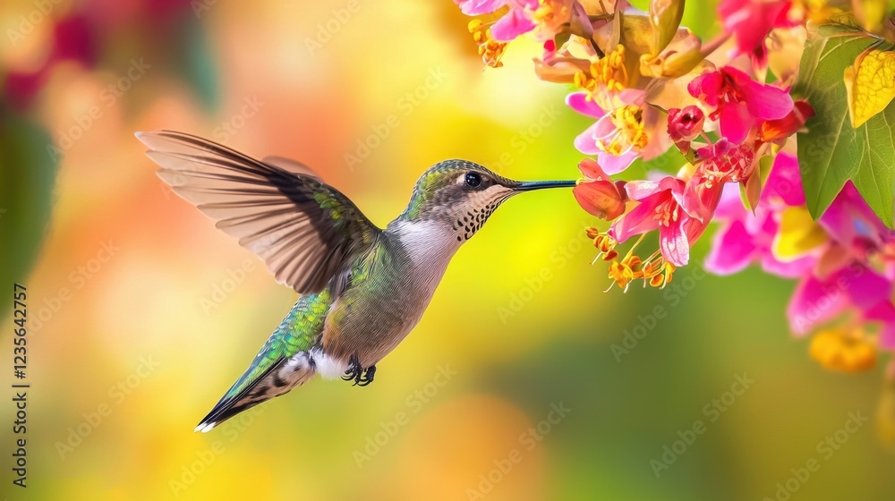 Fototapeta premium Vibrant Hummingbird Hovering Near Colorful Blossoms in Nature