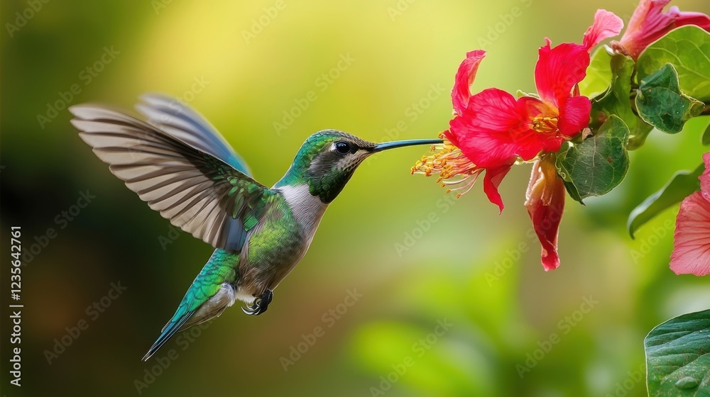 Naklejka premium Vibrant Hummingbird Feeding on Colorful Flower in Natural Setting