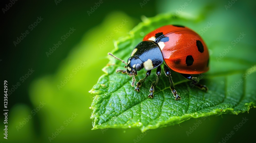 Bright Ladybug on Green Leaf in Fresh Nature Environment Bright Ladybug on Green Leaf in Fresh Nature Environment