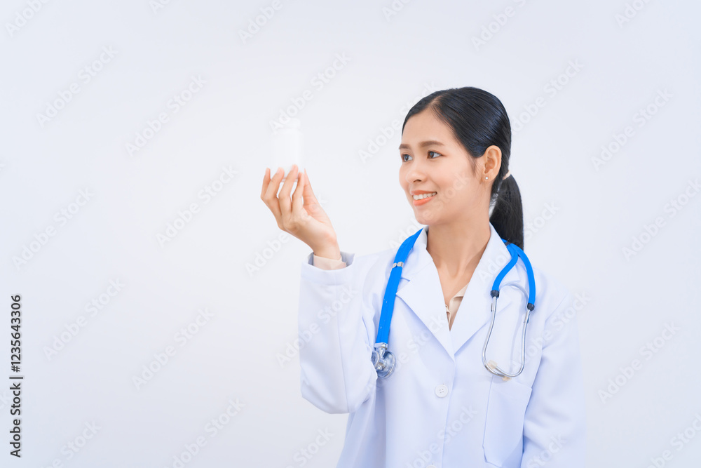 A young Asian nutritionist and doctor, smiling happily while wearing a stethoscope and white lab coat. Holding a pill bottle, importance of vitamins, minerals, and balanced nutrition for health. A young Asian nutritionist and doctor, smiling happily while wearing a stethoscope and white lab coat. Holding a pill bottle, importance of vitamins, minerals, and balanced nutrition for health.