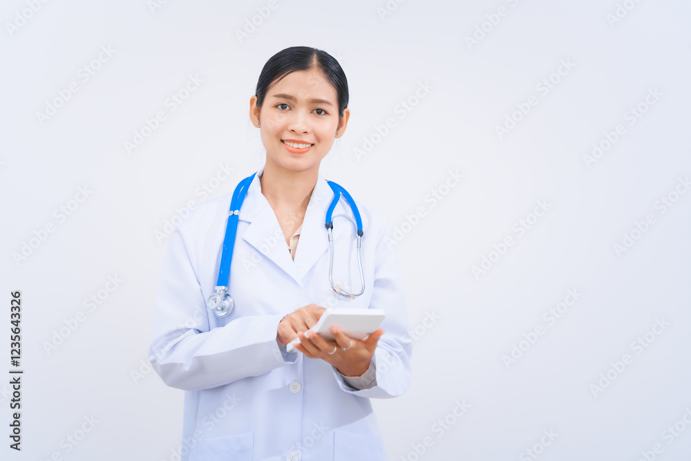 A young Asian nutritionist and doctor, smiling happily while wearing a stethoscope and white lab coat, holding a calculator to emphasize the cost and value of maintaining a balanced, healthy diet. A young Asian nutritionist and doctor, smiling happily while wearing a stethoscope and white lab coat, holding a calculator to emphasize the cost and value of maintaining a balanced, healthy diet.