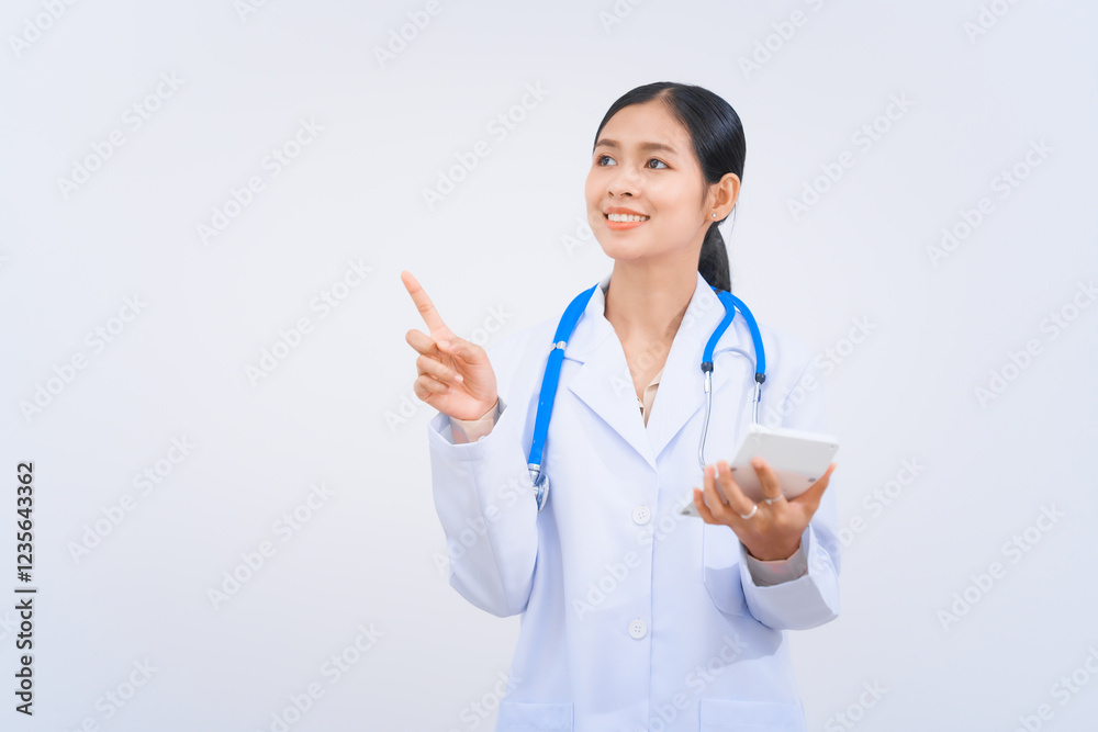 A young Asian nutritionist and doctor, smiling happily while wearing a stethoscope and white lab coat, holding a calculator to emphasize the cost and value of maintaining a balanced, healthy diet. A young Asian nutritionist and doctor, smiling happily while wearing a stethoscope and white lab coat, holding a calculator to emphasize the cost and value of maintaining a balanced, healthy diet.