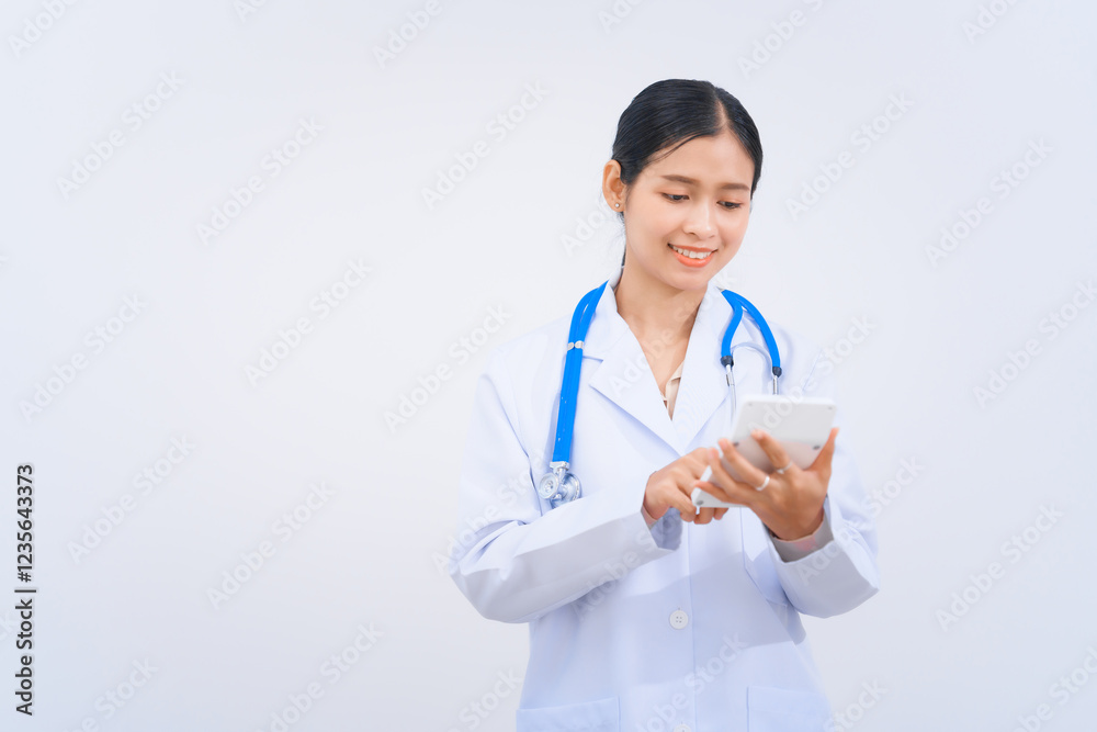 A young Asian nutritionist and doctor, smiling happily while wearing a stethoscope and white lab coat, holding a calculator to emphasize the cost and value of maintaining a balanced, healthy diet. A young Asian nutritionist and doctor, smiling happily while wearing a stethoscope and white lab coat, holding a calculator to emphasize the cost and value of maintaining a balanced, healthy diet.