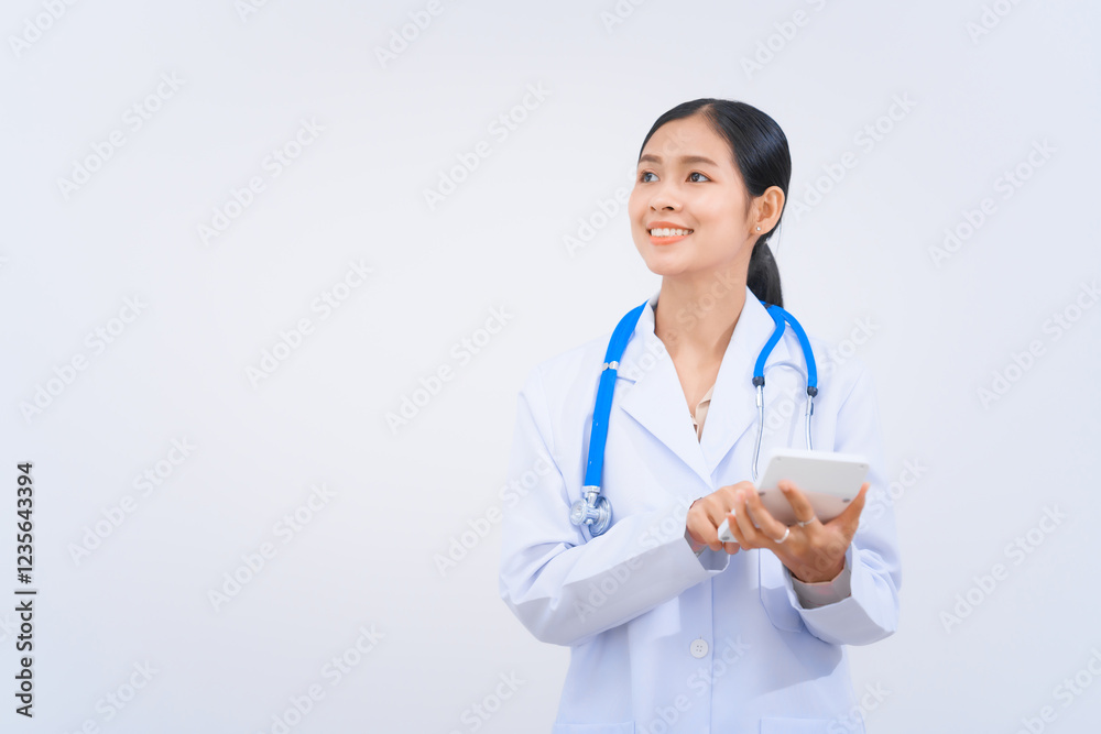 A young Asian nutritionist and doctor, smiling happily while wearing a stethoscope and white lab coat, holding a calculator to emphasize the cost and value of maintaining a balanced, healthy diet. A young Asian nutritionist and doctor, smiling happily while wearing a stethoscope and white lab coat, holding a calculator to emphasize the cost and value of maintaining a balanced, healthy diet.