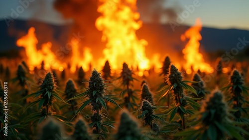 Wallpaper Mural A marijuana field engulfed in flames, representing the destruction and eradication of cannabis. The fire symbolizes society’s efforts to burn away cannabis freedom and acceptance. Torontodigital.ca