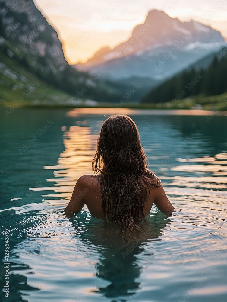 Fototapeta premium Tranquil swimming experience at mountain lake nature photography serene environment peaceful viewpoint