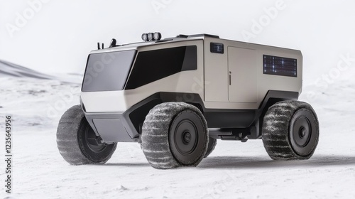 Futuristic lunar rover exploring the moon's surface with a stark, desolate landscape in the background photo