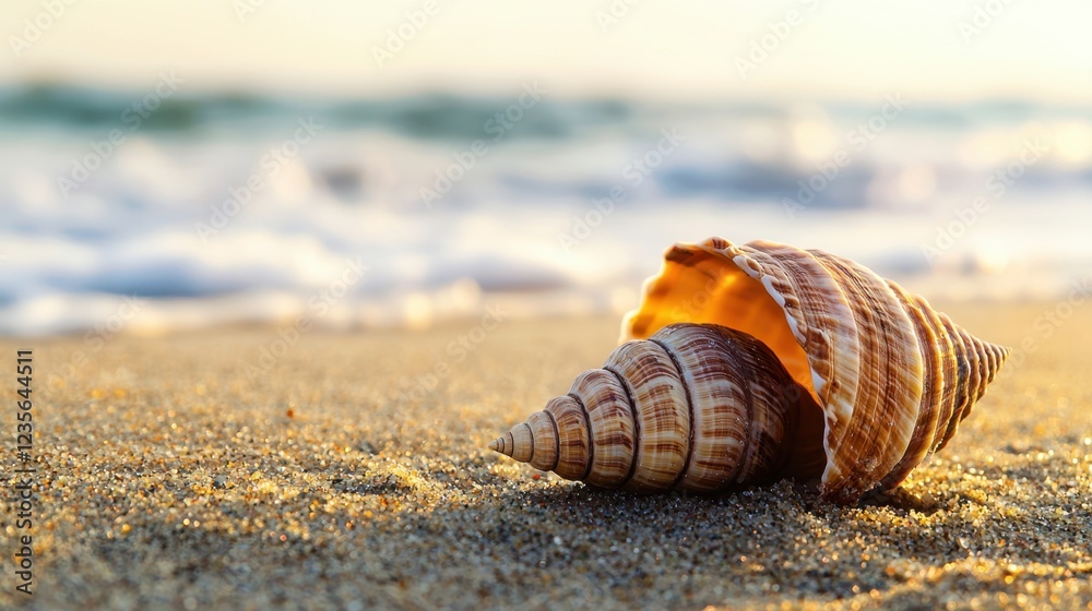 Close-Up of Two Colorful Seashells on Sandy Beach at Sunset Close-Up of Two Colorful Seashells on Sandy Beach at Sunset